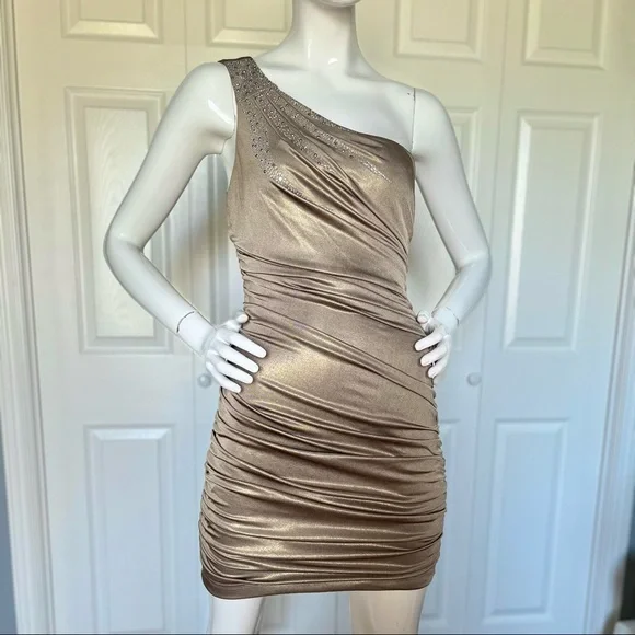 Dresses | Vintage Gold One Shoulder Ruched Dress In Excellent Condition |  Poshmark